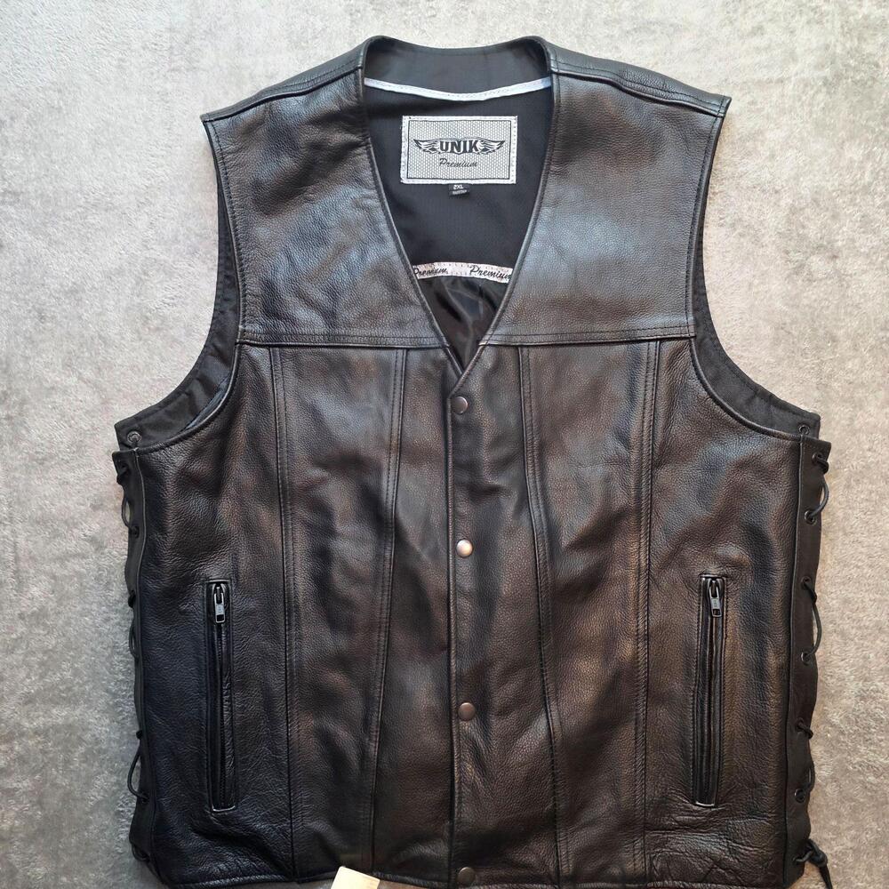 UNIK Leather Vest Mens 2XL Black Biker Motorcycle Side Lace Zip Pockets
